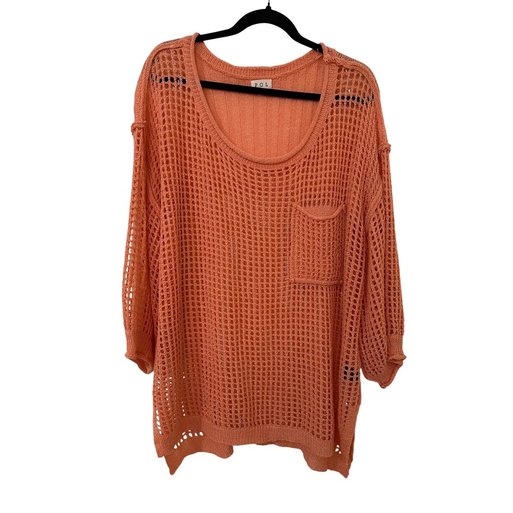 POL Womans Orange Open Knit Crochet Oversized Sweater Top Womens L Boho Beachy